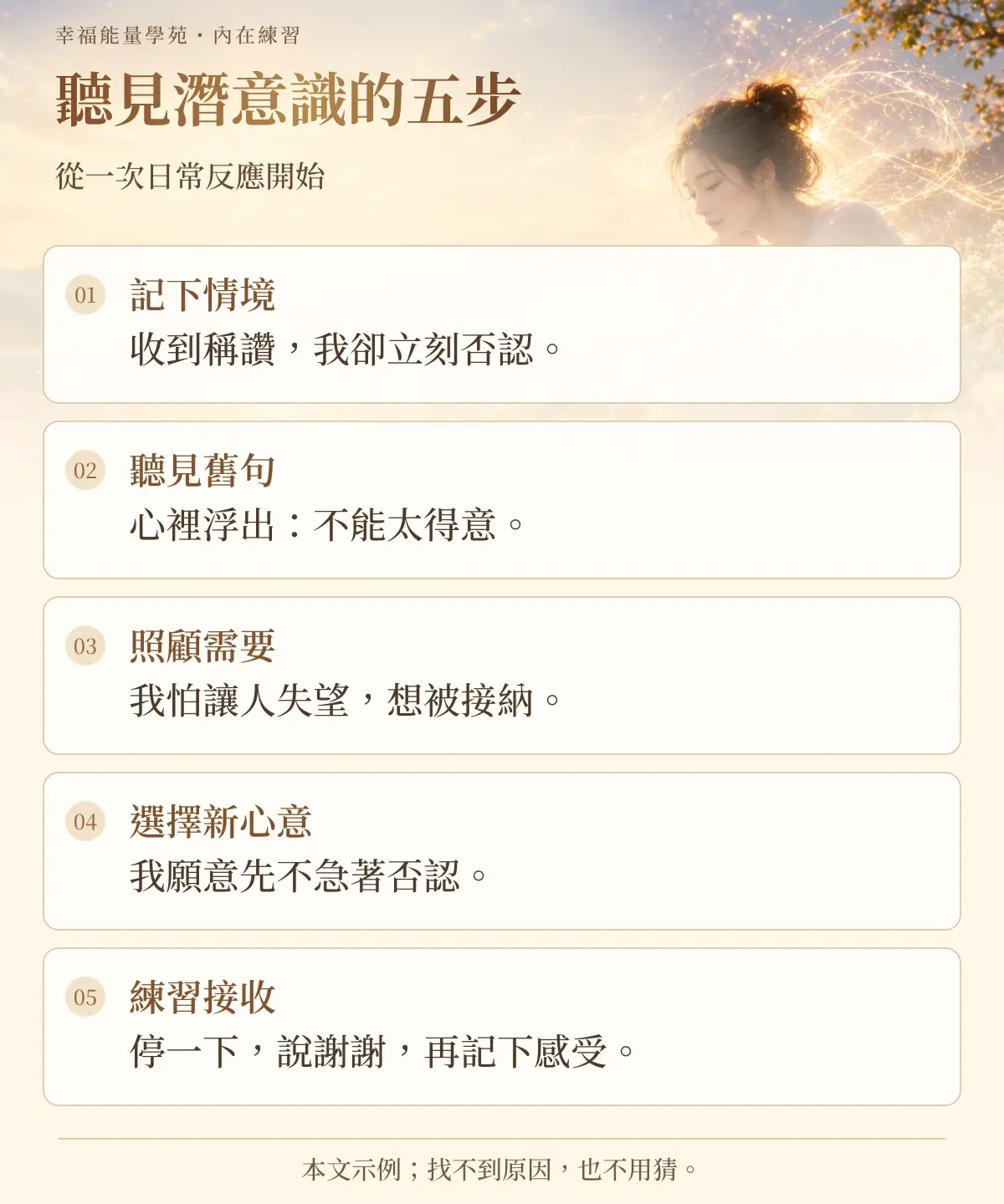 聆聽內在的女子與五步清單,說明聽見潛意識的五步